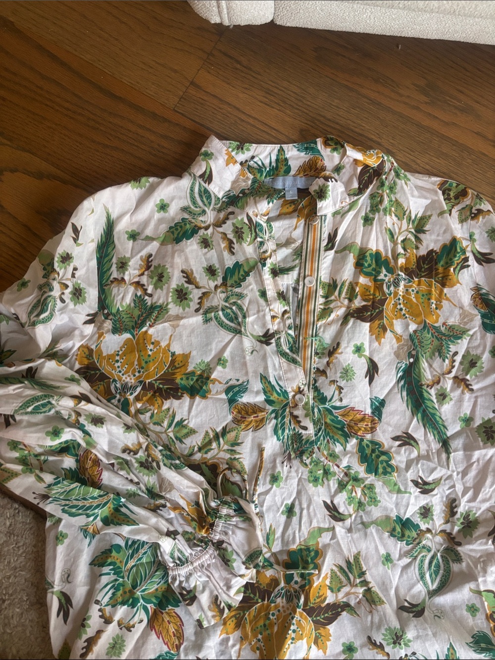 White Floral Print Men’s Shirt with Green and Mustard Accents